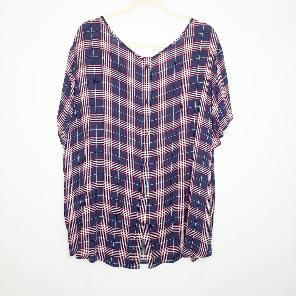 Torrid Abbey Navy Pink Plaid Gauze Button Back Top - Picture 6 of 6